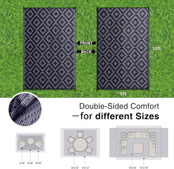 OLANLY Waterproof Outdoor Rug 8x10 ft, Outdoor Plastic Straw Rug for Camping, RV Mat Outside, Indoor Outdoor Carpet for Porch, Deck, Backyard, Balcony, Picnic, Black & Grey
