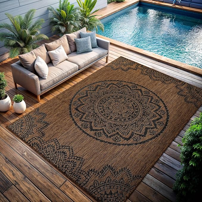 CAMILSON Outdoor Rug 5x7 Modern Area Rugs for Indoor and Outdoor Patios and Porches - Waterproof Washable Non-Shedding Easy-to-Clean Outside Carpet (5 x 7 Medallion - Gold/Black)