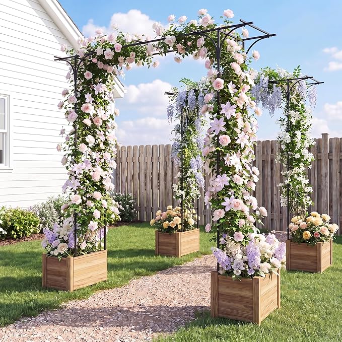 Giantex Metal Garden Arbor with Flat Top Roof, 85" Heavy Duty Outdoor Arch Trellis with Pointed Legs for Climbing Plants, Decorative Wedding Archway for Backyard, Lawn, Party Backdrop
