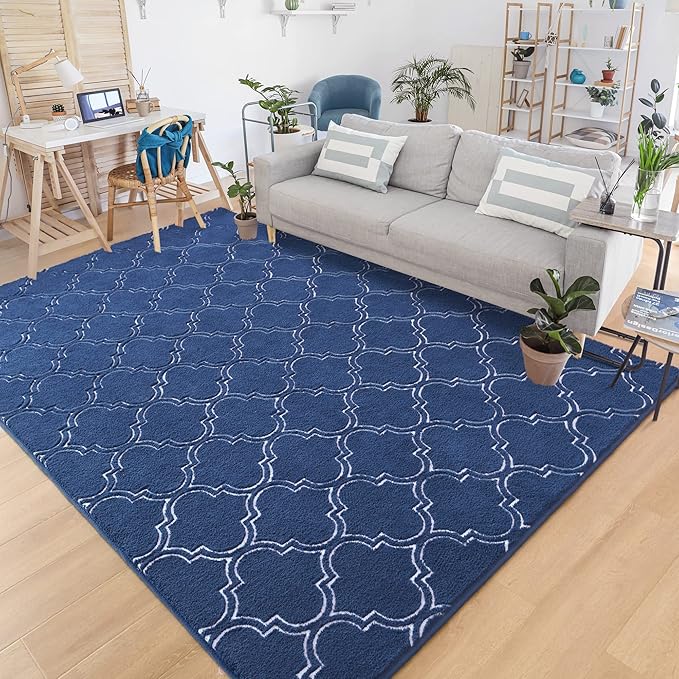 Chicrug 6x9 Shag Geometric Modern Area Rug for Bedroom Living Room | Memory Foam Indoor Carpet, Fluffy Rug for Bedside Room Decor for Family Girls Kids Nursery Play Mat, Navy and White