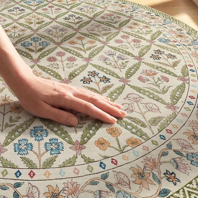 jinchan Round Rug 8ft Vintage Floral Washable Circle Area Rug, Sage Green | Soft & Lightweight, Checkered Floral, Low Pile, Non Slip, Dining Room, Living Room, Bedroom, Girls Room, Kids Room Decor