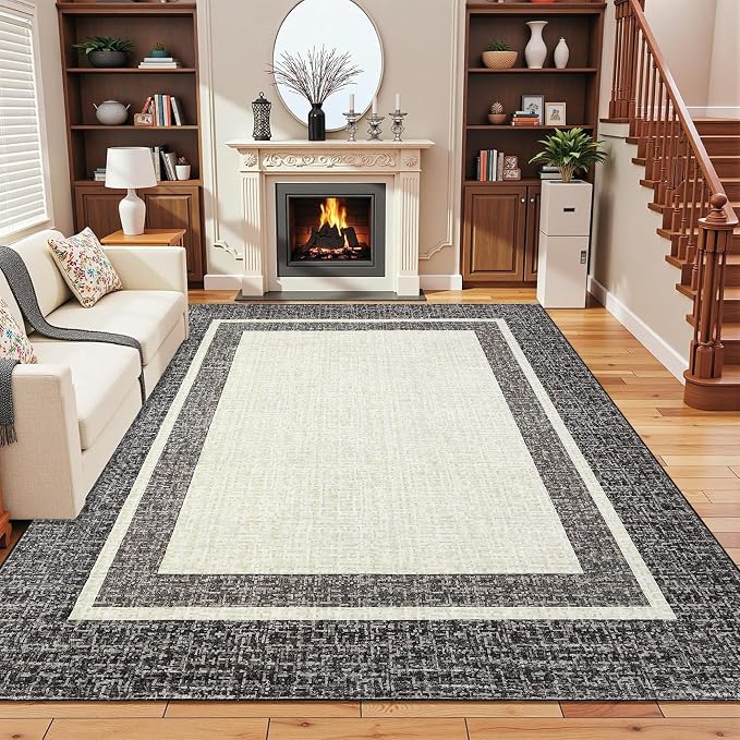 GAOMON Large Washable Rug 8x10 Modern Bordered Area Rugs for Living Room Non Slip Backing Throw Carpet Contemporary Print Accent Rug Indoor Soft Lightweight Rugs for Bedroom Dining Room Office Brown