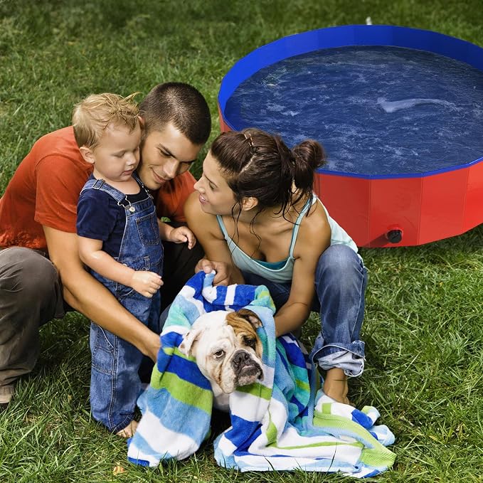 Foldable Dog Pool - 47x12in Pet Pool - Durable PVC Outdoor Pool with Drain for Grooming, Bathing, or Play - Dog Pools for Large Dogs by PETMAKER (Red)