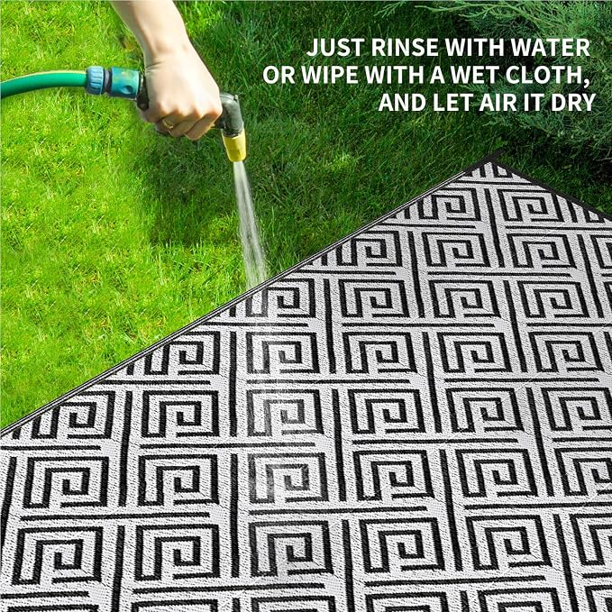 Outdoor Patio Plastic Straw Rug - 8x10 ft Outdoor Camping Rug Waterproof Reversible, Area Carpet Patios RV, Outside Porch Balcony Deck for Camper, Stripe White Black