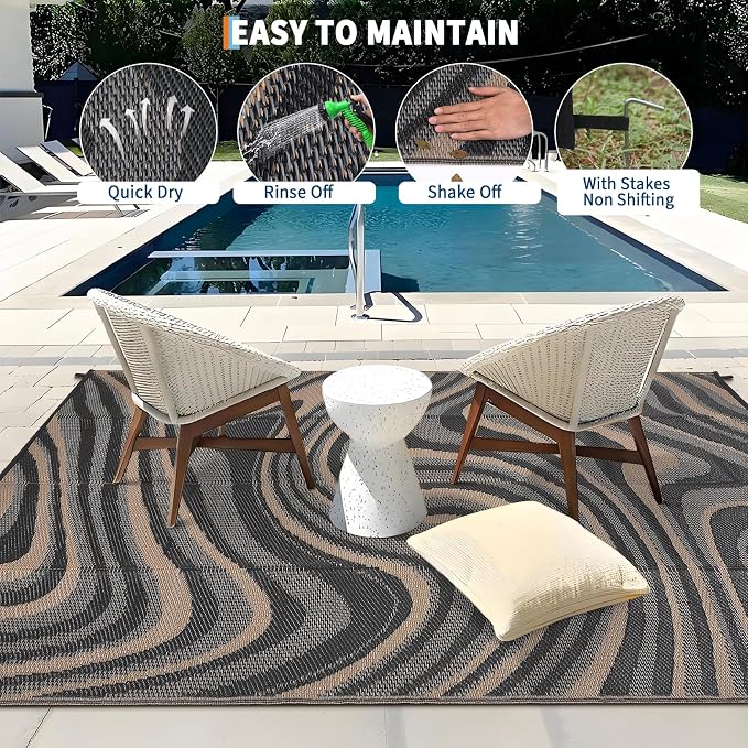 Garvee 9x18 Outdoor Rug, Waterproof Camping Rugs for Outside Your RV, Abstract Plastic Straw Rug with Portable Bag, Reversible UV Resistant Mats for Picnic Backyard Porch, Black Coffee