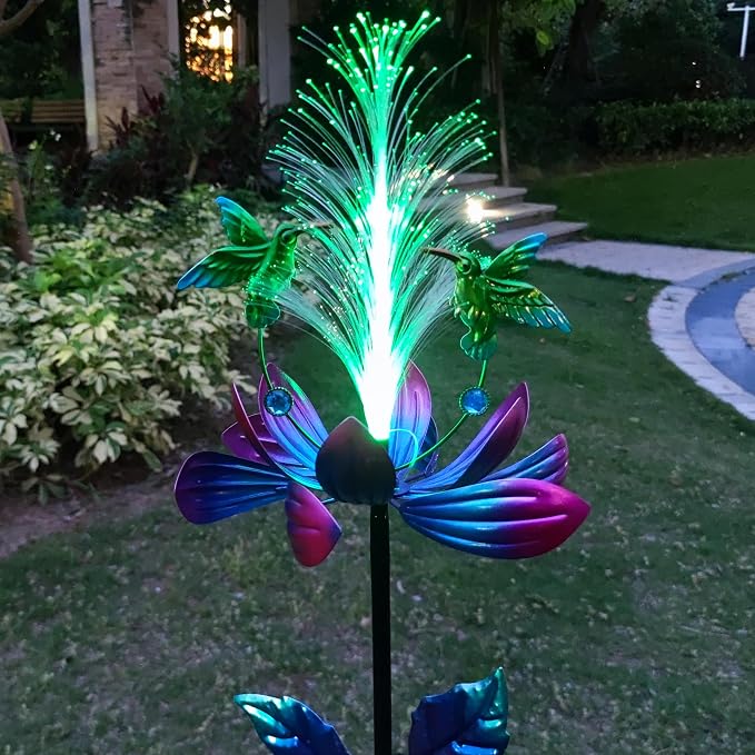 Solar Hummingbird Wind Spinners, Solar Firework Lights Garden Décor, Metal Lotus Flower Windmill Colour Changing Optical Fiber Lights Yard Decoration, Outdoor Wind Sculpture for Lawn Patio,Balcony