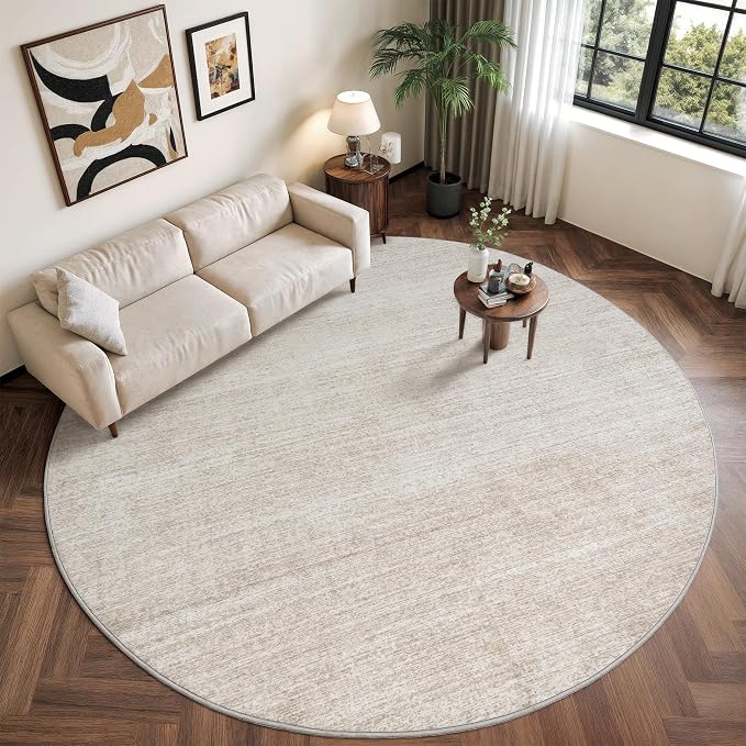 Valenrug Round Rugs 6ft, Circle Washable Area Rugs for Living Room, Beige | Soft Low Pile, Thin & Lighweight Non Slip Carpet, Folable Stain Resistant Modern Indoor Floor Mat for Bedroom, Dining Room