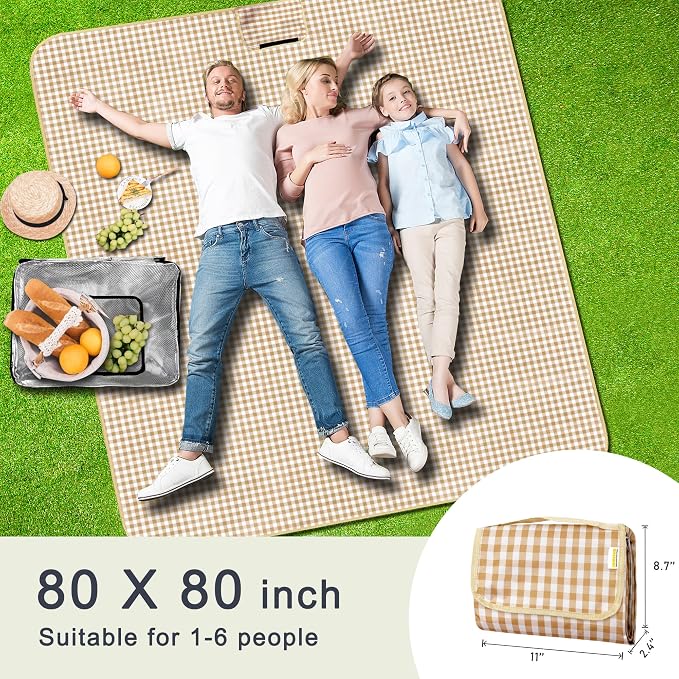 SAMSIER Outdoor Picnic Blankets Waterproof Foldable Sandproof, Extra Large Gingham Cute Picnic Mat Washable Portable for Park Beach Camping Courtyard (Coffee, 80"×80")