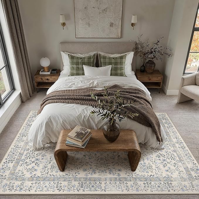 8x10 Blue Floral Area Rug Vintage Farmhouse Style | Washable, Non Slip, Soft Low Pile, Indoor Carpet for Living Room, Bedroom, Dining Room, Botanical Decor
