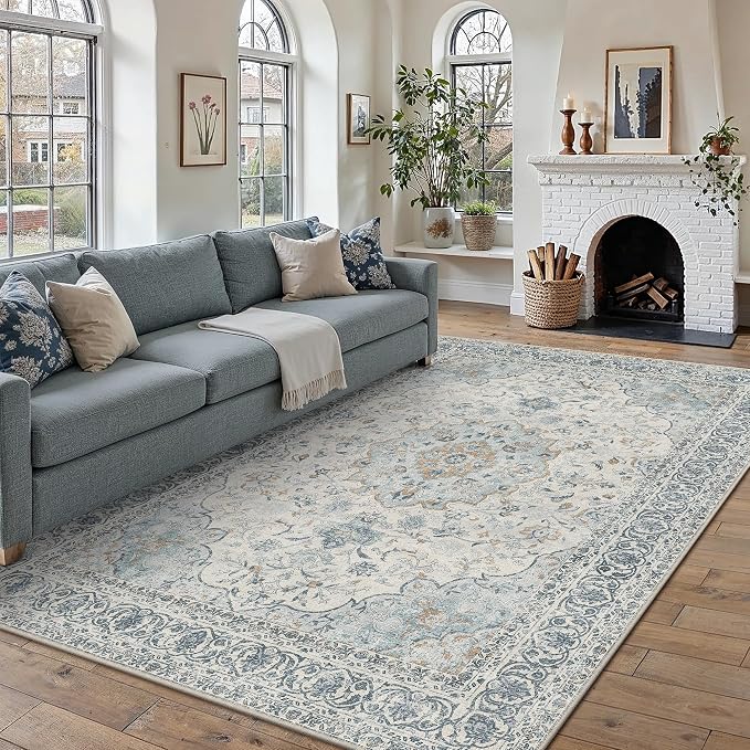 5x7 Washable Area Rug Navy Blue Non Slip Vintage Carpet | Low Pile, Stain Resistant, Living Room, Kitchen, Bedroom, Nursery, Office, Dining Room, Indoor, Soft, Large, Lightweight