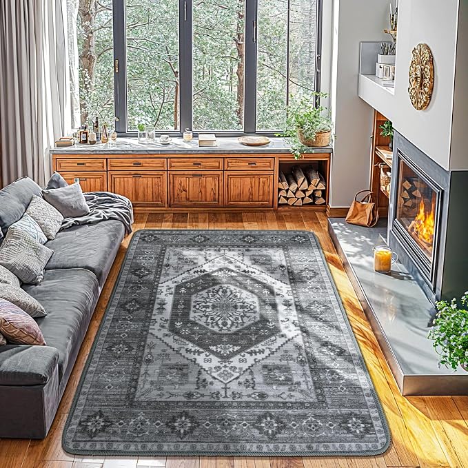 LBRO2M Machine Washable Rug Soft Pet Friendly Carpet 4X6 Dark Gray | Persian Rug 4X6 for Living Room, Bedroom, Dining Room, Home Office, Non Slip Carpet, Foldable Stain Resistant Rugs
