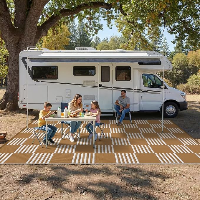 Garvee Waterproof Outdoor Rug 9x18, Checkered Foldable Plastic Straw Patio Camping Rug, Outdoor RV Carpet for Deck Camper Porch Balcony Backyard Picnic Beach Tan