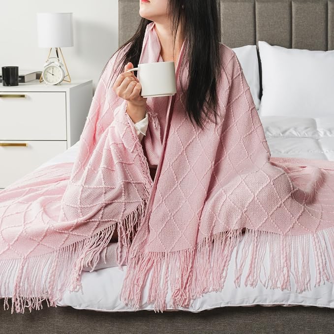 PAVILIA Light Pink Knit Throw Blanket for Couch, Twin Bed, Soft Knitted Farmhouse Sofa Throw for Living Room, Lightweight Decorative Summer Blanket for Chair, Outdoor Textured Boho Blanket, 60x80