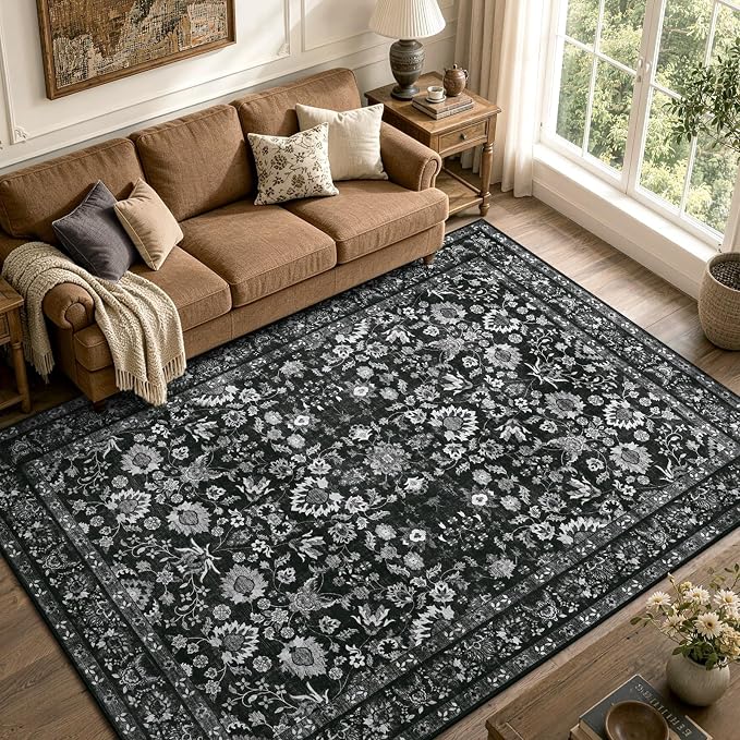 4x6 Ft Area Rugs for Living Room, Soft Non-Slip Machine Washable Rug, Vintage Stain Resistant Carpets for Bedroom Nursery Dining Room Home Decor (Black)