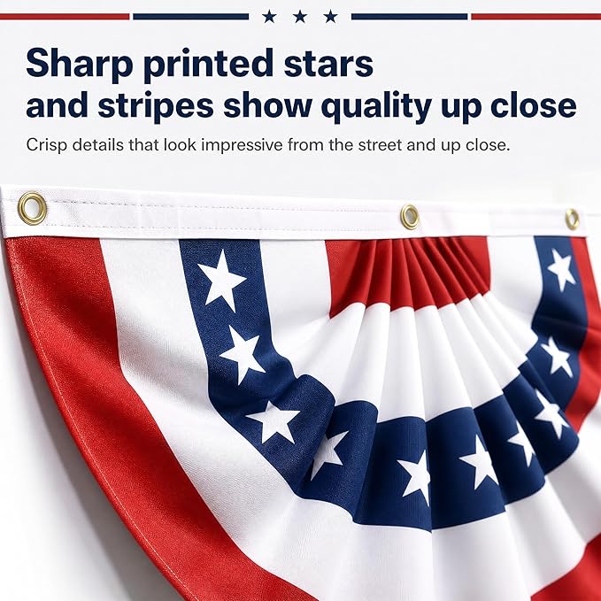 3 Pack USA Pleated Fan Flags - 6x3 FT Large American Flag Bunting for Outside, Red White Blue Bunting Banner with Brass Grommets, Patriotic Porch Decor for Independence Day, July 4th, Memorial Day