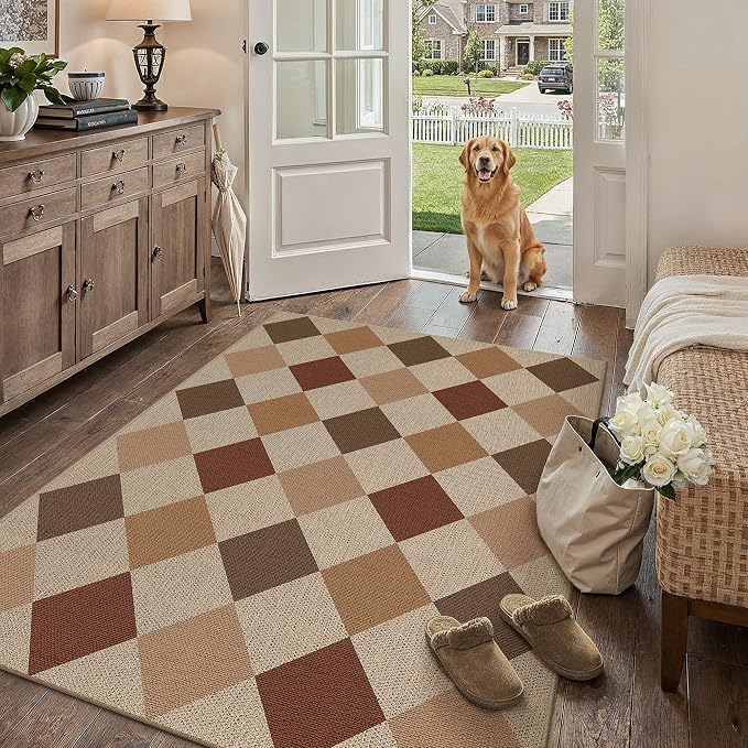PureCozy 4x6 Checkered Easy Jute Area Rug for Living Room Checkerboard Washable Indoor Outdoor Carpet Farmhouse Patio Office Mat Geometric Non Slip Brown-Beige Carpet for Dorm Backyard Dining Room