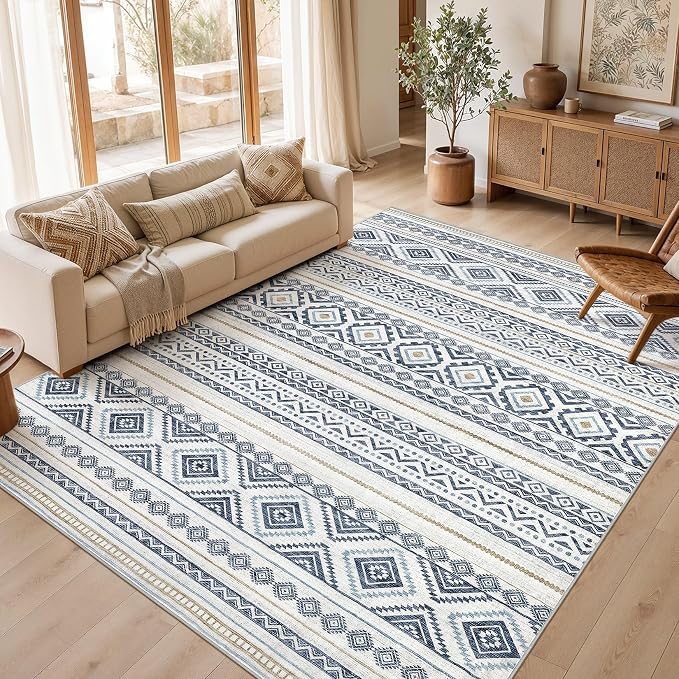 cotiled Boho 7x9 Area Rug for Living Room: Large Moroccan Washable Rug | Solve Modern Neutral Trendy Home Decor - Stain Resistan Indoor Carpet for Bedroom Farmhouse Dining Room Blue