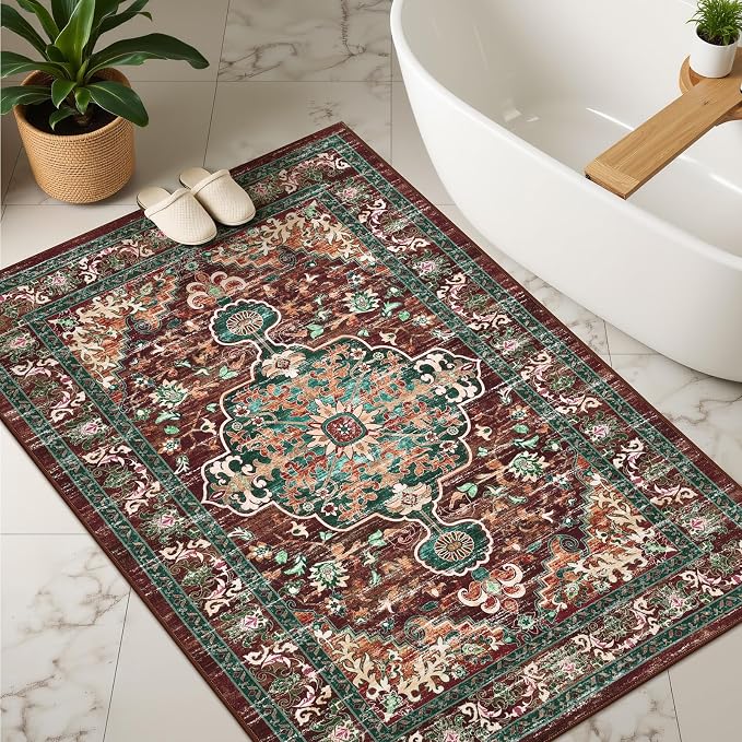 U'Artlines Boho Vintage Area Rug 3x5 Machine Washable Carpet, Rust＆Teal | Low Pile, Non Slip, Ultra-Thin Soft Floor Carpet, Accent Rug for Living Room Bedroom Entryway Dining Room Office