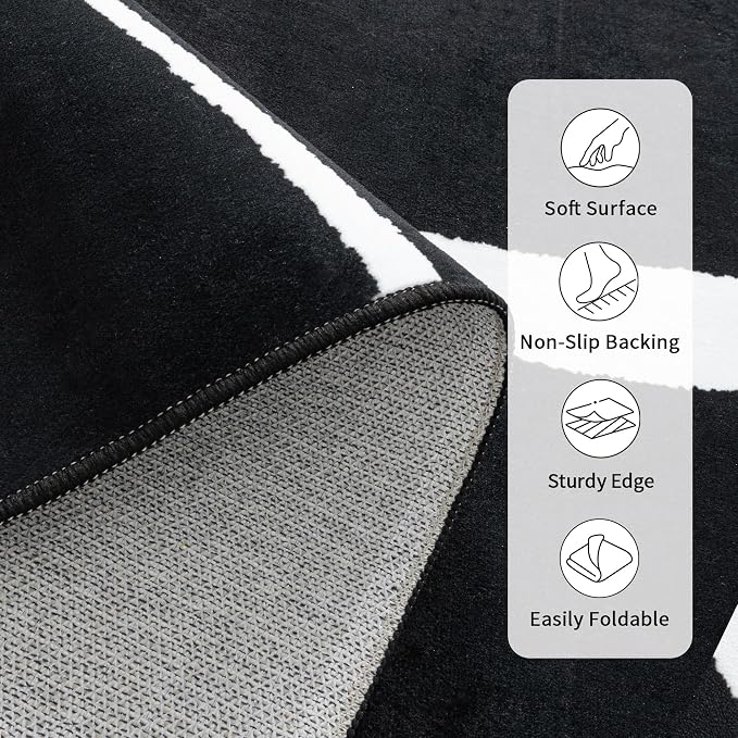 2x6 Washable Modern Black White Kitchen Runner Rug | Ultra-Thin Low Pile, Non-Slip TPE Backing, Soft Stain Resistant, Machine Washable, for Bedroom Livingroom High Traffic