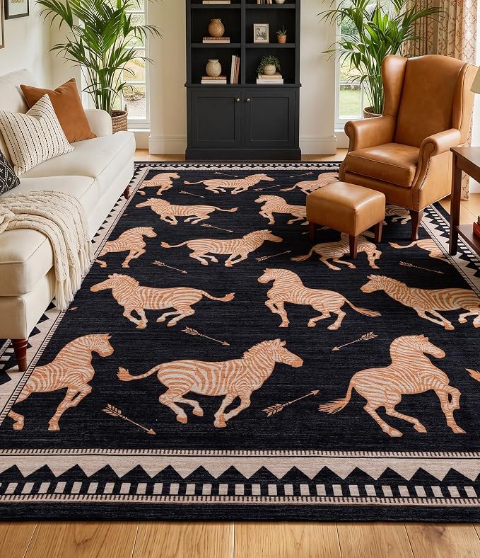YIHOUSE Black and Gold Zebra Area Rugs 6×9, Washable Animal Print Rug with Geometric Border, Non-Slip Low Pile Mid-Century Modern Carpet for Living Room, Bedroom, Dining Room