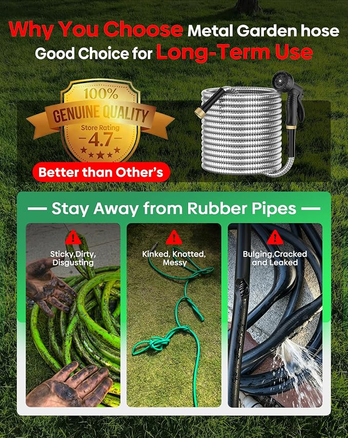BlueGarden Metal Garden Hose 50 ft with 10 Function Nozzle,No Kinking,Flexible,Heavy Duty & Lightweight Water Pipe,Stainless Steel Outdoor Water Hose for Yard and Lawn,Non-Expandable 50 feet