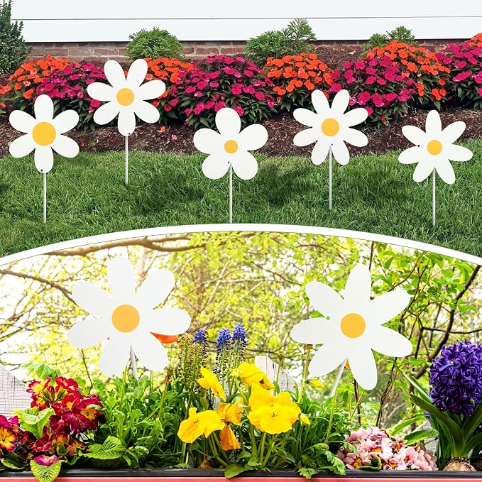 5 Pcs Daisy Yard Decorations Outdoor Metal Summer Daisy Yard Signs with Stakes Groovy Boho Flower Decorative Lawn Signs for Indoor Outdoor Garden Pathway Walkway Summer Holiday Party Decor