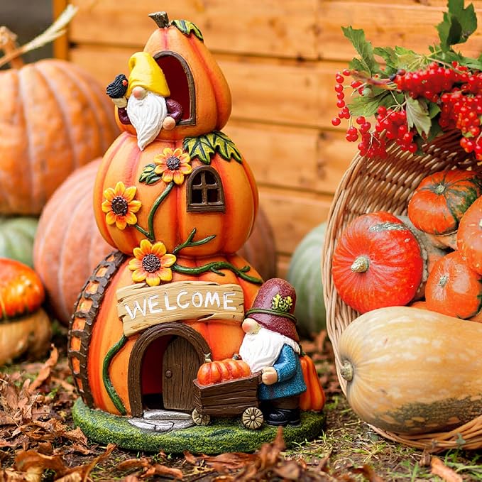 TERESA'S COLLECTIONS Fall Decor, Pumpkin Decor, Orange Pumpkin Fairy House and Gnomes Santa with Solar Lights, Waterproof Resin Outdoor Fall Decor, Fall Gifts Outdoor/Indoor, 6.7"