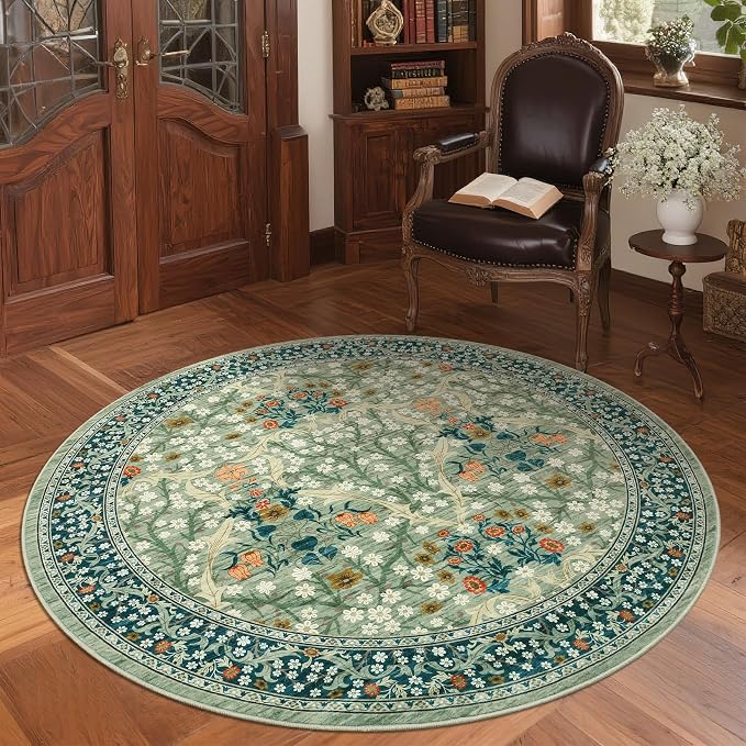 GarveeHome Sage Green Floral 4 ft Round Rug Washable Non-Slip Soft Low Pile Small Circle Carpet Vintage Rugs for Kitchen Bedroom Nursery Dining Living Room