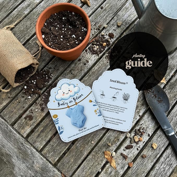 3D Onesie Seed Paper Gift Set – 24 Blue Plantable Baby Boy Onesie Shapes with Wildflower Seeds, Includes Cards & Double-Sided Tape for Baby Shower, Christening, Birthday & Special Occasions