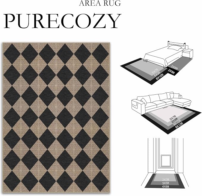PureCozy 6x9 Checkered Easy Jute Area Rug for Living Room Large Checkerboard Washable Indoor Outdoor Carpet Farmhouse Patio Office Mat Textured Diamond Non Slip Black Carpet for Backyard Dining Room