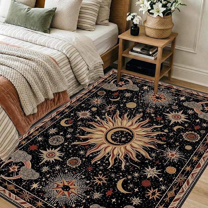 Vacuum-Friendly, 4x6 Washable Area Rug, Black Gold Beige Red | Sun and Moon Boho Gothic Non-Slip Low Pile Living Roon Bedroom Dining Room Kitchen Entry Entryway Entrance Hallway Doormat