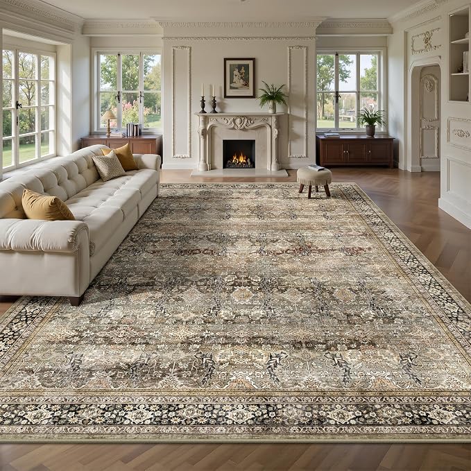 9x12 Area Rugs for Living Room - Washable Vintage Retro Large Rug, Soft Ultra Thin Non Slip Low Pile Traditional Distressed Boho Carpet for Bedroom Dining Room Home Office, Charcoal Olive