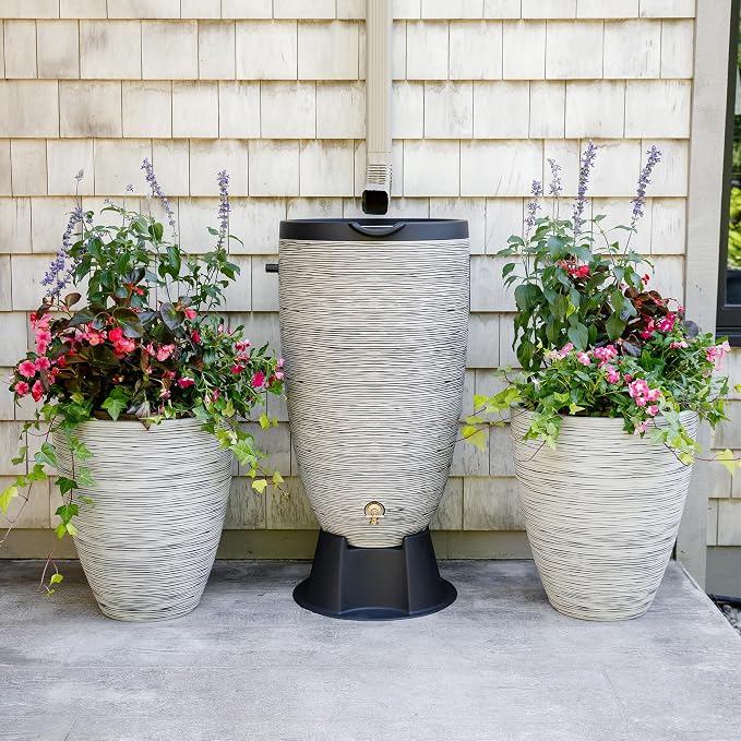 Newport 50‑Gallon Flat‑Back Rain Barrel with Stand & Planter Bundle – Slate | Removable Lid, UV-Stabilized Outdoor Water Storage