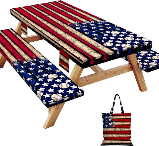 Picnic Table Cover with Bench Covers Elastic,Fitted Table cloths for Rectangle Tables 6 Foot Washable,Waterproof Tablecloth for Outdoor Camping Essentials Accessories(6 Foot,American Baseball)