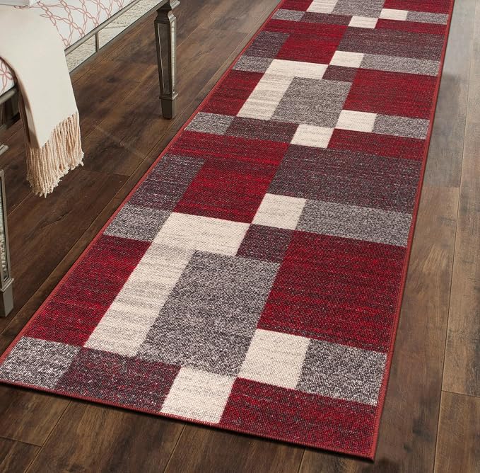 Rugshop Geometric Boxes Non-Slip Modern Living Room Area Rug Red 2' x 7'2" | Non-Shedding, Rectangular, Size 2' x 7'2", Bedroom, Dining Room, Home Office, Kitchen, Entryway, Hallway, Nursery, Kids Room