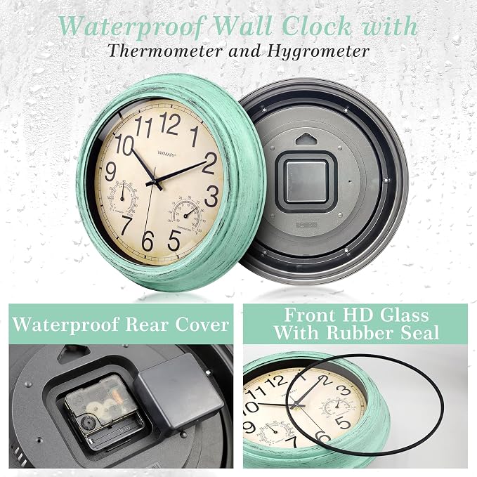 VIKMARI Indoor Outdoor Sealed Glass Clock Waterproof Silent Classic Quartz Clocks Thermometer and Hygrometer Combo Battery Operated Wall Clocks for Bathroom Patio Pool Wall Decor (12 Inch,Teal Green)
