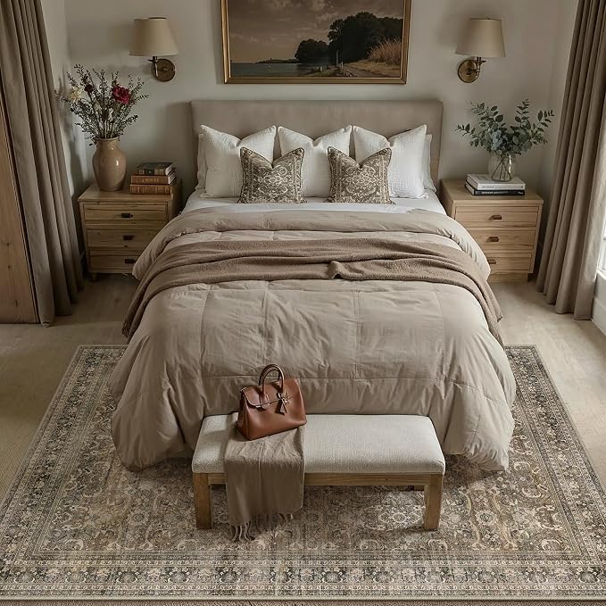 5x7 Washable Area Rug for Living Room,Brown | Vintage Floral,Thick Mid Pile, Non Slip,Soft Plush Distressed Rug for Bedroom, Dining Room, Office