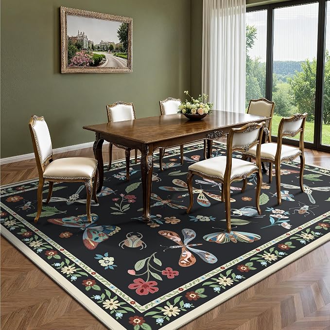 Rugs for Living Room, Insect 6x9 Washable Rug Non Slip with Rubber Back, Ultra Soft Large Area Rug for Bedroom, Dining Room, Nursery(Dark Black Butterfly)
