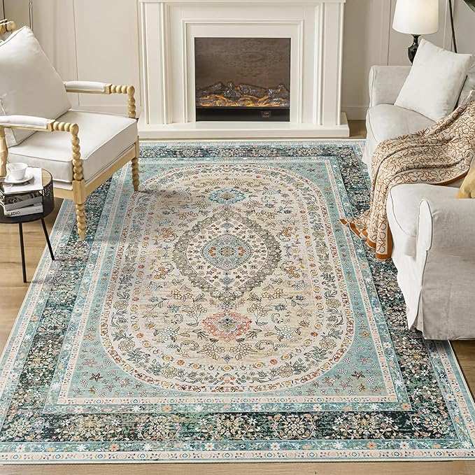 5x7 Area Rugs Washable,Blue Rug for Living Room Bedroom | Large Boho Vintage Bohemian Distressed Oriental Carpet Non Slip,Floral