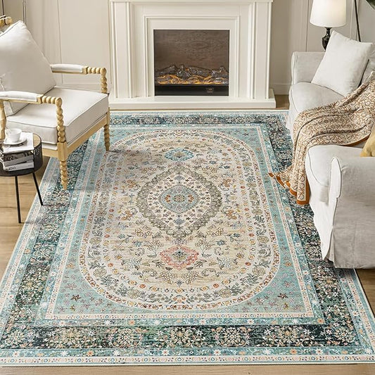 5x7 Area Rugs Washable,Blue Rug for Living Room Bedroom | Large Boho Vintage Bohemian Distressed Oriental Carpet Non Slip,Floral