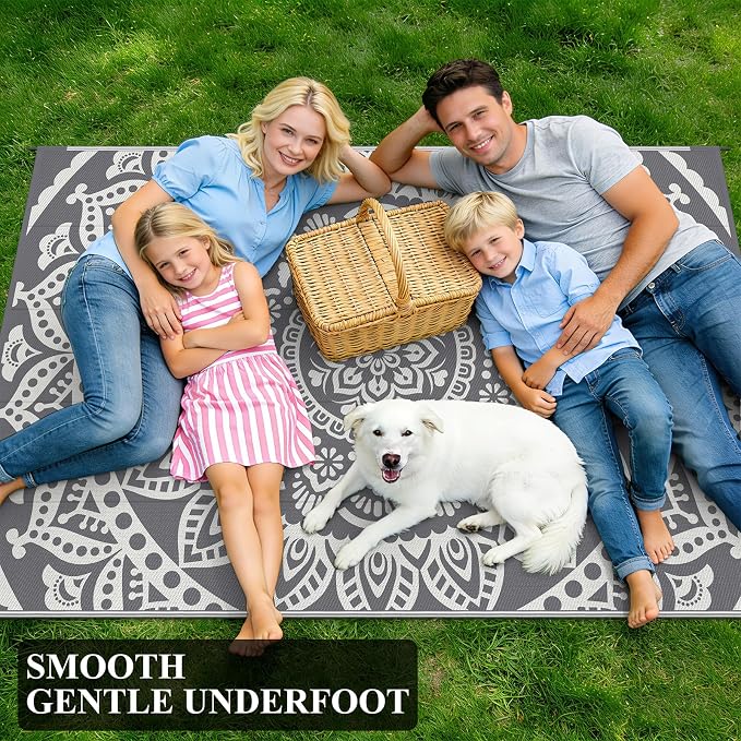 Bsmathom Waterproof Outdoor Rug 5'x8' Grey | Reversible, Boho Plastic Straw, Portable RV Mat, Indoor Outdoor, For Patio Deck Camping Beach Pool