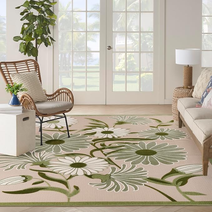 Nourison Home Aloha Ivory Green 10' x 14' Area Rug - Easy Clean, Non Shedding, Bed Room, Living Room, Dining Room, Kitchen (10' x 14')