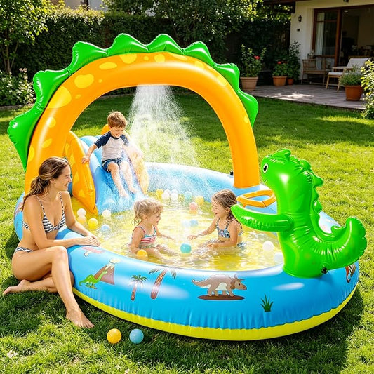 SULIFEEL 2026 Inflatable Dinosaur Play Center Kiddie Pool with Slide and Sprinkler for Children, Toddler Blow Up Splash Pad for Backyard and Garden 96"x59"x39"