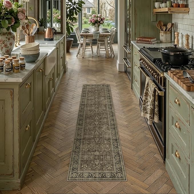 2x8 Taupe Brown Vintage Runner Rug | Washable, Non Slip, Soft Low Pile, Distressed Farmhouse, for Hallway Kitchen Laundry Bathroom Bedroom Living Room Home Decor