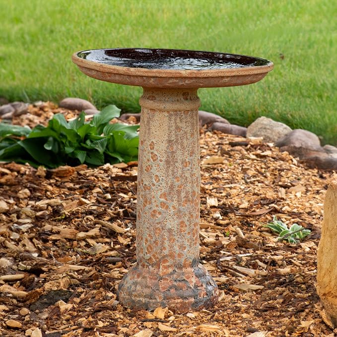 Sunnydaze Toulon Outdoor Ceramic Bird Bath - 24.5" H - UV- and Frost-Resistant - Glazed Bowl - Brown Lava Finish