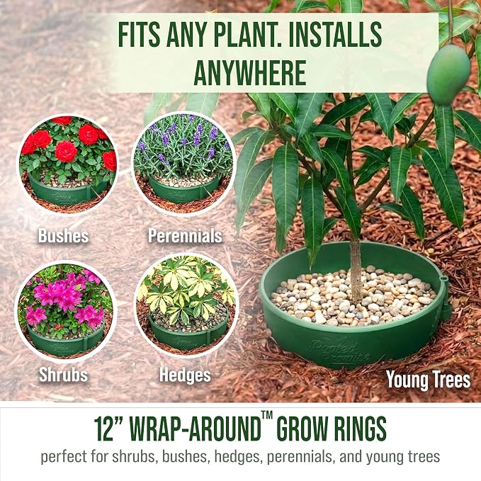 12 Inch Wrap-Around Adjustable Planting Grow Rings | 24 Pack | Green | Install Around Existing Plants | Square Foot Gardening | Trimmer Protection and Mulch Barrier | Heavy Duty | Made in USA