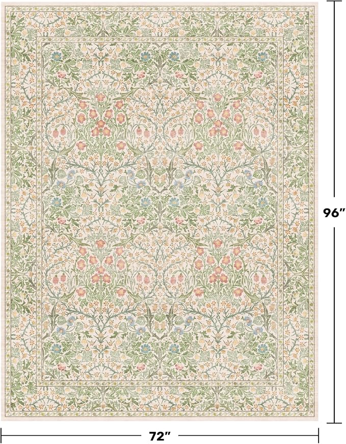 Light Beige Green Living Room Rug, 6x8 Washable Area Rug for Kids Room, Bedroom, Nursery Room, Living Room, Dining Room, Low Pile Non-Slip - Vintage Design & Stain Resistance