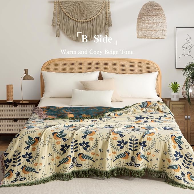 Phuryllic Boho Throw Blanket Throw Size, Soft Cozy Cotton Muslin Quilt Blanket for Bed Decor, Bird Patterned Couch Sofa Chair Cover, Vintage Farmhouse Cottage Tapestry Woven Blanket, Green&Beige