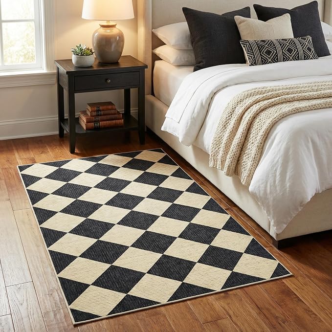 GarveeHome 3x5 Checkered Area Rug Non Slip Washable Entryway Bedroom Rug | Modern Geometric Plaid Black Neutral Boys Carpet Classic Throw Mat for Kitchen Bedside Kids Room Office Dining Room