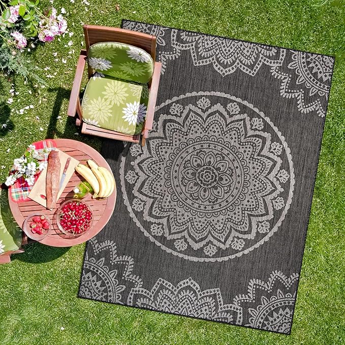 CAMILSON Outdoor Rug 10x14 Modern Area Rugs for Large Indoor and Outdoor Patios and Porches - Washable Non-Shedding Easy-to-Clean Outside Carpet (10 x 14, Medallion - Dark Grey/Light Grey)